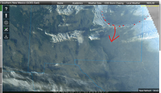 Just before sunset a visible light weather satellite of southern New Mexico shows the advancement of another 'back door' cold front. (An animation loop shows it very well in visible light, and IR bands 7 and 11.)