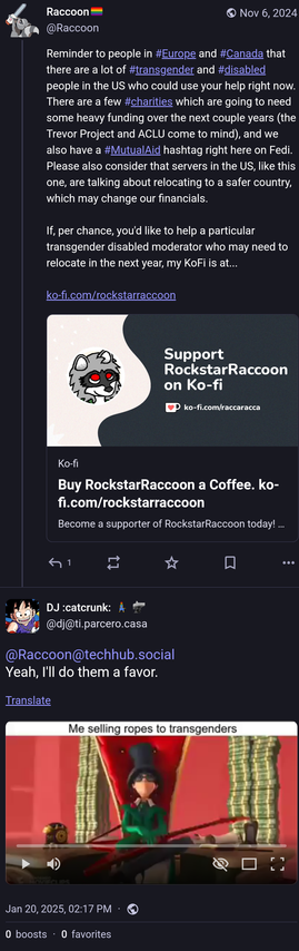 Screenshot of me telling people to consider sending money to people they know in the US who may be in trouble, and DJ@Parcero.Casa responding with a meme about selling ropes to transgender people.