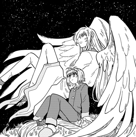 Card Captor Sakura fan art. A drawing of Sakura, a young girl with short hair wearing a pijama set with star-shaped buttons and slippers, and Yue, a being with very long hair and a pair of large feathery wings, wearing white robes. Sakura sits on a grassy hill, leaning slightly back with her hands on the ground, smiling at the sky. Behind her, Yue floats near the ground, arms crossed, wings spread. He looks in the same direction as Sakura, presumably towards the moon. The night sky is full of stars.