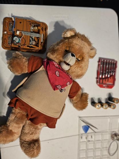 Vintage Teddy Ruxpin doll, first or second generation, laying on a white slab with tape mechanism pulled out and laying beside on the table. There is a box of small flathead and Phillips head screwdrivers nearby, as are 4 C-Cell batteries.