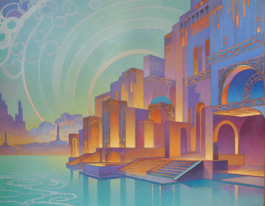 Waterfront art deco style buildings, in vivid sunset shades of blue, gold, orange, and magenta, set against a backdrop of turquoise skies reflecting on still water.