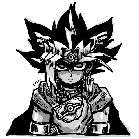 Yu-Gi-Oh fan art. A drawing of Atem, a young man with spiky dark and light hair, wearing a robe and various pieces of gold jewelry, holding a pyramid-shaped puzzle with an Eye of Horus engraved on it in his right hand. He stares directly at the viewer with a small smile.
