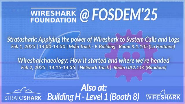 Wireshark Foundation @ FOSDEM'25 class and booth info.