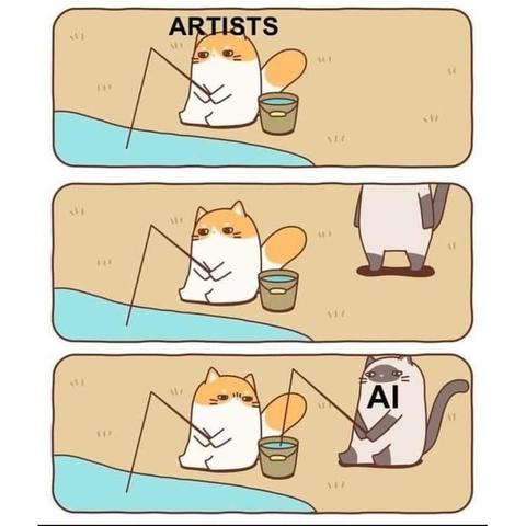 A three-panel comic. The first panel has a cat fishing by the waterside with a bucket for the fish. The cat is labeled "Artist" by a separate creator using the original comic as a template.

The second panel shows a second cat walking up.

The third panel shows the second cat fishing out of the first cat's bucket while the first cat looks angrily on. The second cat is labeled "AI"