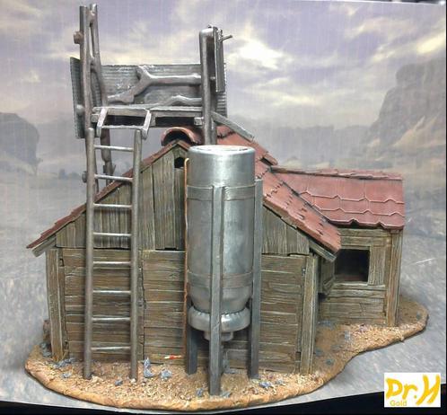 Side of the example wooden hut. with a lookout point and storage tank.