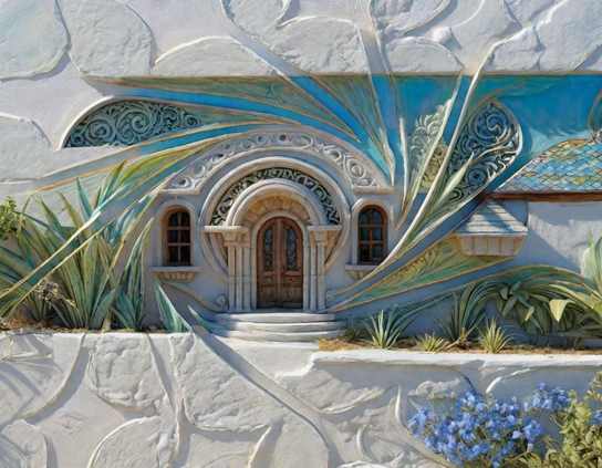 Whimsical miniature fairy house, elaborately carved, decorated in teal, turquoise, and green, with arched windows and wooden door, built into a textured white garden wall.