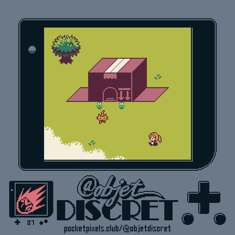 a screenshot of a pixel art game that shows a ponytailed character and a cat walking in front of a large upturned cardboard box with a door in it; there is also a separate pixel art illustration of a meteor hurtling downward.
