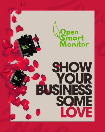 opensmartmonitor products lay in a bed of roses. the brand green logo. big letters "show your business some love" styled for valentines day.