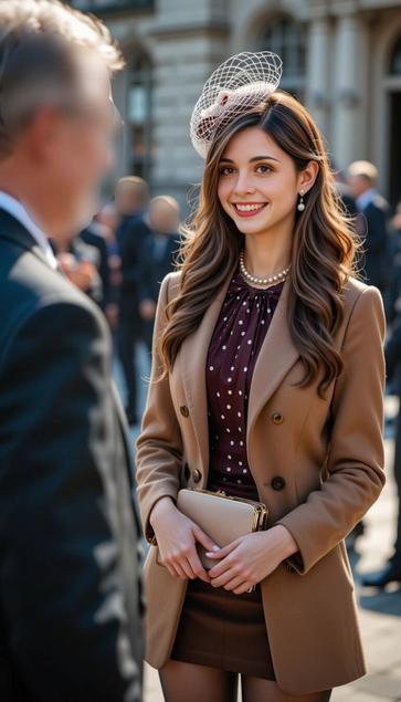 Young woman in stylish outfit with a fascinator hat talking to a man outdoors, smiling and holding a clutch purse, fashion event background.