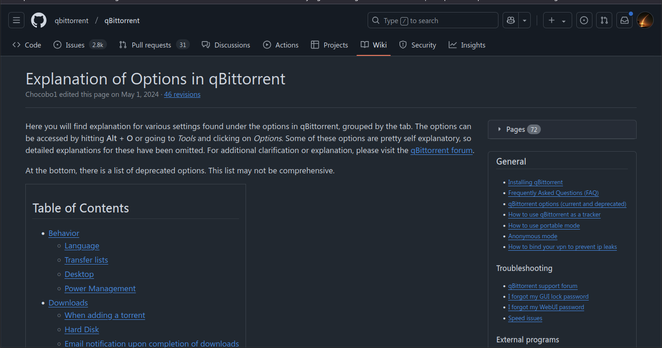 Screenshot of the qBittorrent Wiki page on GitHub, titled "Explanation of Options in qBittorrent". The page includes a table of contents with links to different sections such as Behavior, Language, Transfer lists, Desktop, Power Management, Downloads, When adding a torrent, Hard Disk, and Email notification upon completion of downloads. A sidebar on the right lists general topics like Installing qBittorrent, Frequently Asked Questions (FAQ), qBittorrent options (current and deprecated), How to use qBittorrent as a tracker, How to use portable mode, Anonymous mode, and How to bind your VPN to prevent IP leaks, as well as troubleshooting topics like qBittorrent support forum, I forgot my GUI lock password, I forgot my WebUI password, and Speed issues.