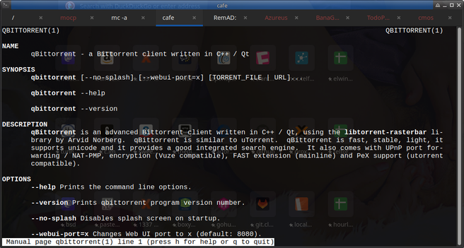 A window is open with the title "QBITTORRENT(1)". The window has a black background with white text that shows information about the qBittorrent program. The text includes the name, synopsis, description, and options of the program. Some icons of programs are also present in the background of the desktop. There are also tabs in the window, including "mocp", "mc-a", "cafe", "RemAD", "Azureus", "BanaG...", "TodoP...", and "cmos". The text at the bottom of the window says "Manual page qbittorrent (1) line 1 (press h for help or q to quit)".