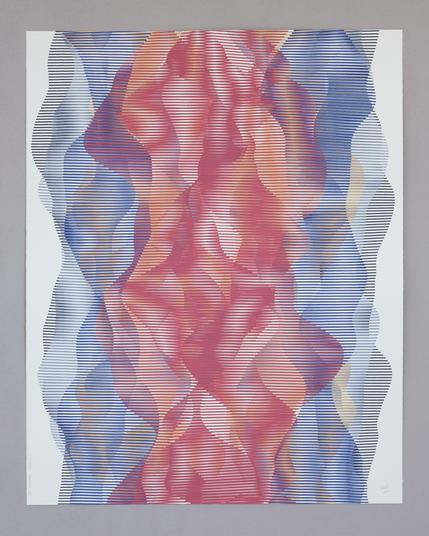 An abstract painting produced by a robotic pen plotter using a generative algorithm. Curving lenticular forms of red, orange, purple, and blue acrylic paint on white paper.