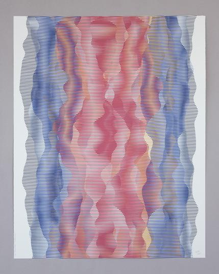 An abstract painting produced by a robotic pen plotter using a generative algorithm. Curving lenticular forms of red, orange, purple, and blue acrylic paint on white paper.