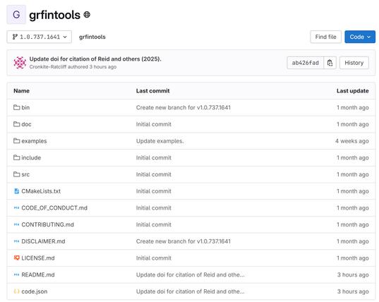 screen shot - grfintools software repository home page (https://code.usgs.gov/grfintools/grfintools)