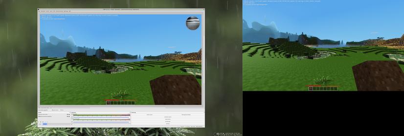 Screenshot of a dual-output setup.

The right output in 2K resolution and shows Luanti in fullscreen.

The left output is in 4K resolution and shows OBS with a PipeWire screen recording of the right output and a small circular webcam image in the top right corner.