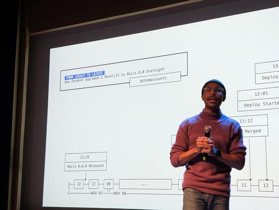 Thomas on stage at the Ruby Community Conference in Krakow, Poland