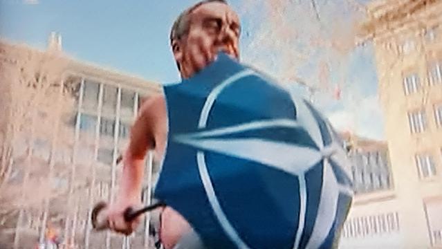 Verteidigungsminister nackig, hält zur Verteidigung nur einen Regenschirm vor den Schneider. Auf dem Schirm das Logo der NATO gemalt
