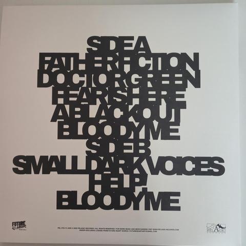 Jay Jayle's "After Alter" gatefold LP back cover: song titles in huge black all caps sans serif letters with condensed spacing - letters are partly on top of each other - and zero line distance, against plain white background