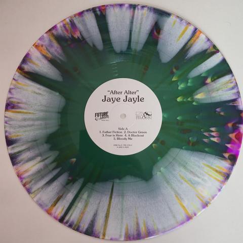 Jaye Jayle's "After Alter" vinyl, Subscriber Edition, limited to 240, Side A: green splatter in pale white with some overflowing purple and orange around the edge