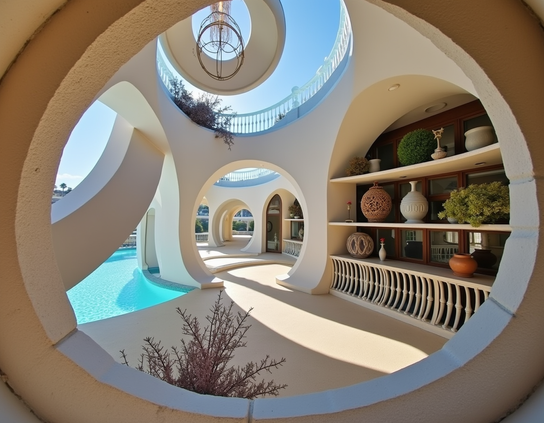 A futuristic winter home in a warm climate, with circular openings, curved walls, and a pool, bathed in natural light, with minimalist decor.