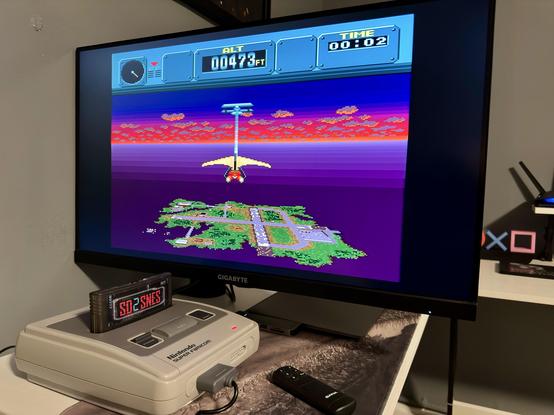 The game “Pilotwings” being played on a Super Famicom console.