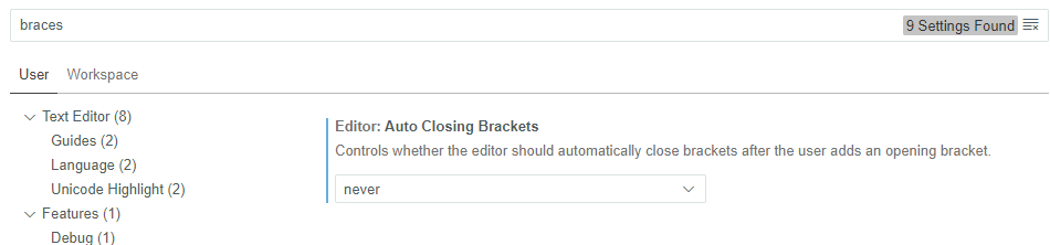 Screenshot of the Arduino IDE V2.x advanced settings dialog showing the "Editor: Auto Closing Brackets" option as "never".