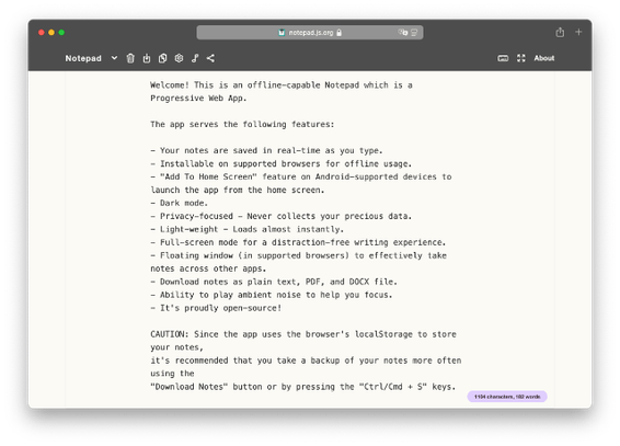 Print do Notepad aberto no Safari do macOS com o texto de boas-vindas do app.