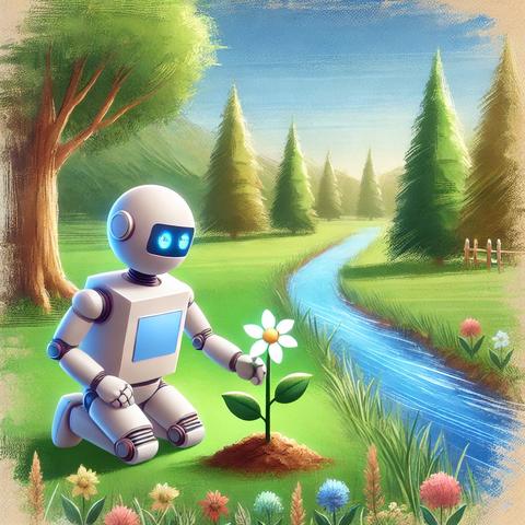 A friendly robot, kneeling down and planting a daisy, next to a stream bordered by trees of both the deciduous and evergreen varieties.  The robot is sitting behind other, nondescript meadow flowers.