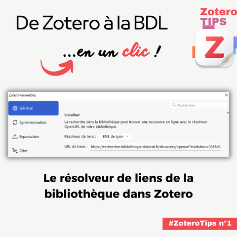 De Zotero à la BDL...en un clic : le résolveur de liens de la bibliothèque dans Zotero #zoterotips n°1 [copie-d'écran du menu Paramètres - Général - Localiser de Zotero montrant le paramétrage du résolveur de liens pour l'ENS de Lyon dans Zotero]