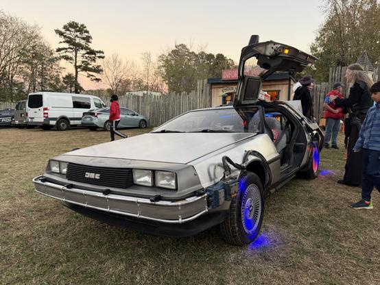 A DeLorean modified as the *Back to the Future* time machine, gull-wing doors open, glowing blue lights, and a crowd admiring it.