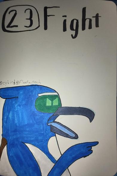 Cybird angrily yelling and pointing at someone out of frame.