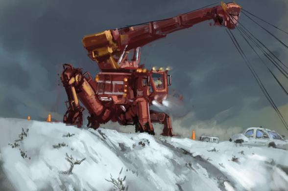 Digital painting of sci-fi crane mecha with spider like legs, running lines over a snowed over ditch