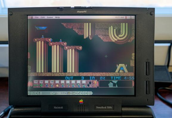 Photo head-on of the PowerBook's display showing the Lemmings video game. There is a slight blurriness visible in the photo, but this is actually my own inability to apparently focus correctly when making a photo. Sorry about that.