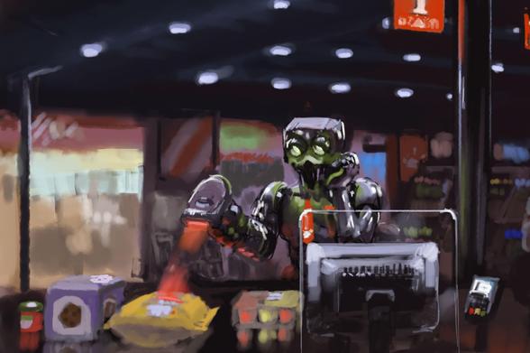 Bored robot cashier, using reader to scan barcodes