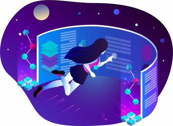 A digital image (not AI) showing a person floating in space and interacting with a cruved dashboard.