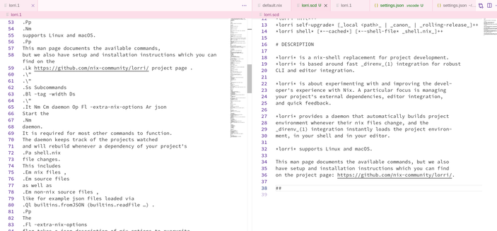 An editor with two panes, on the left a file `lorri.1` written in the mdoc manpage format, on the right an unfinished `lorri.scd` written in the scdoc manpage format