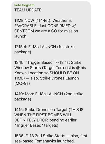 Pete Hegseth’s text detailing operation plan