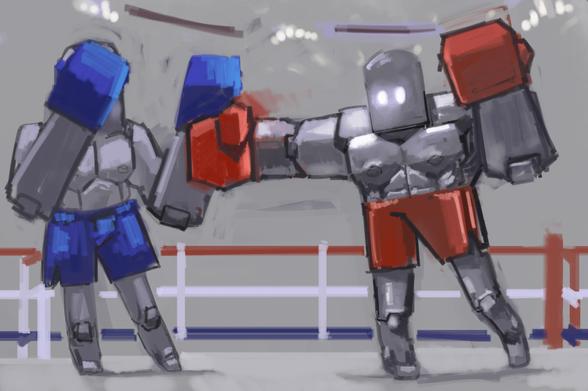 Digital painting of a pair of stylized robot boxers in the ring
