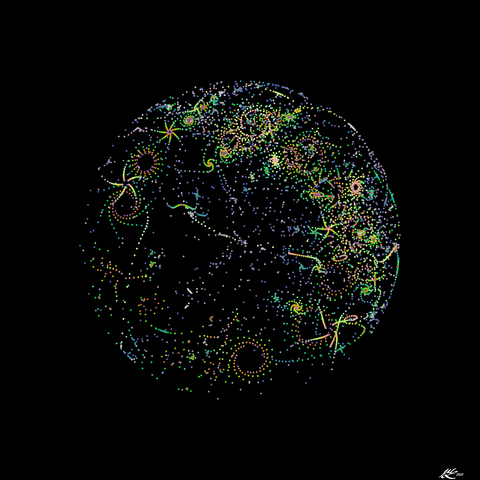 A sphere of shiny sparks in a variety of luminous colours arranged in whorls and starbursts floating in the black void.  We're watching a world-wide fireworks display. Or some phosphorescent deepsea creature.