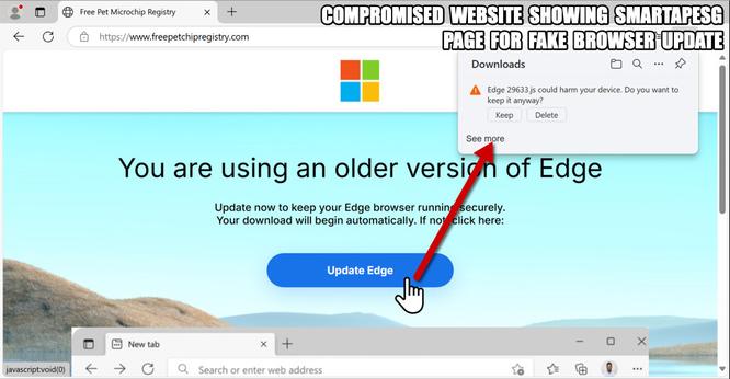 Compromised website showing SmartApeSG page for fake browser update.