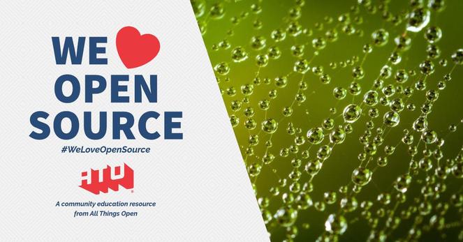 Left side says We Love Open Source. #WeLoveOpenSource. ATO. A community education resource from All Things Open. Right side has silver balls connected like neurons.