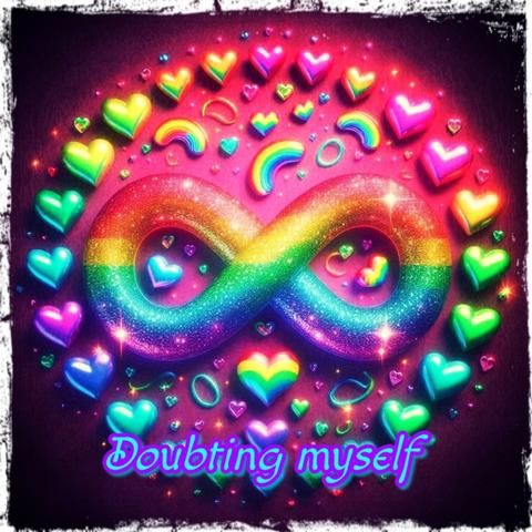 An edited AI image, showing a rainbow colored sparkling infinity sign, surrounded by colorful hearts. Text on the image says "Doubting myself".