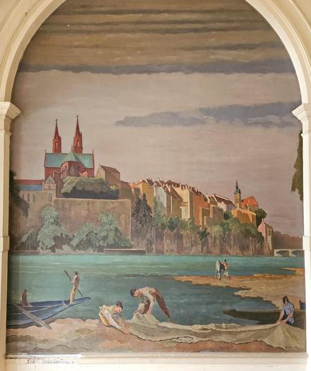 Wandgemälde im Hauptgebäude der ETH Zürich. Zu sehen ist der Rhein in Basel aus Kleinbasler Sicht mit Blick auf die Pfalz mit dem Münster. Im Vordergrund bereiten Fischer ihre Netze.