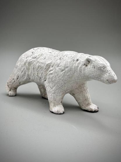 A white raku bear with distinctive crackles