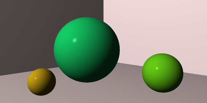 Ray tracer image of three a large green sphere in the center, a smaller green sphere off to the right, and a smaller yellow sphere off to the left with off-white with a reddish tint walls and floor.