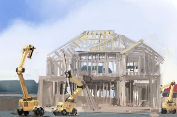 Digital painting of several construction robots working on wood frame of house under construction