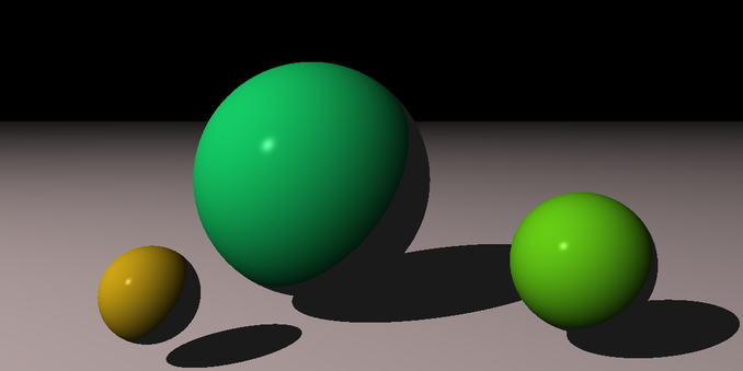 Ray tracer image with shadow casting of three a large green sphere in the center, a smaller green sphere off to the right, and a smaller yellow sphere off to the left over an infinite horizontal plane.