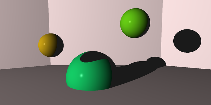 Ray tracer image with shadow casting of three a large green sphere in the center, a smaller green sphere off to the right, and a smaller yellow sphere off to the left. They are surrounded by three reddish-tinted off-white walls and a floor. The large center sphere is partially embedded in the floor. The yellow sphere is casting a shadow on both the center sphere and the back wall. The center sphere is casting a shadow along the floor and the walls. All spheres are casting shadows on the back wall.