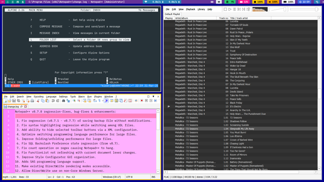 A screenshot of a tiling window manager for Linux. This is the sway tiling manager. It is running with three open applications: 1) a Terminal showing the alpine text email client; in the top left; 2) the Notepad++ text editor, a Windows application, in the bottom left; and 3) the foobar2000 application running on the right half of the screen. The foobar2000 application is playing Megadeth's Warchest album.