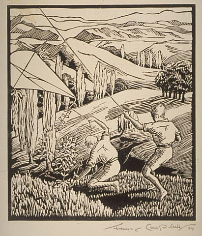Photo of artwork: Jenny Campbell, “Two Boys with Kites”. 1924. Description: A two-tone linocut of two boys flying kites on a hillside with a rolling landscape in the background. Citation: Auckland Art Gallery Toi o Tāmaki, Accession No. 1987/4. https://www.aucklandartgallery.com/explore-art-and-ideas/artwork/6876